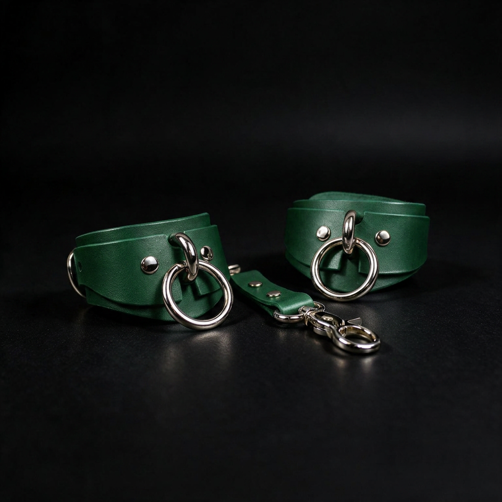 A pair of green leather straps with metal rings and buckles, arranged on a black background.
