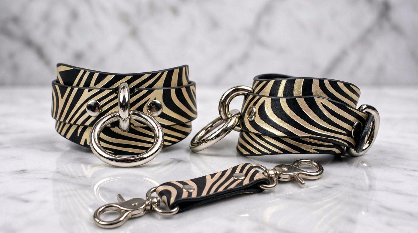 a pair of zebra-striped leather straps with metal rings and buckles, displayed on a marble surface.