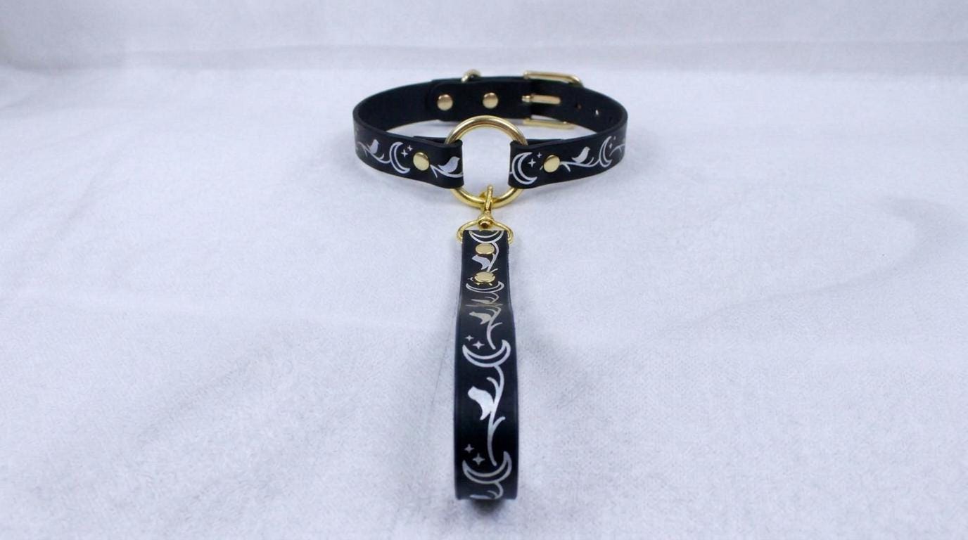 A black collar with a gold-colored buckle and a decorative strap is displayed on a white surface.