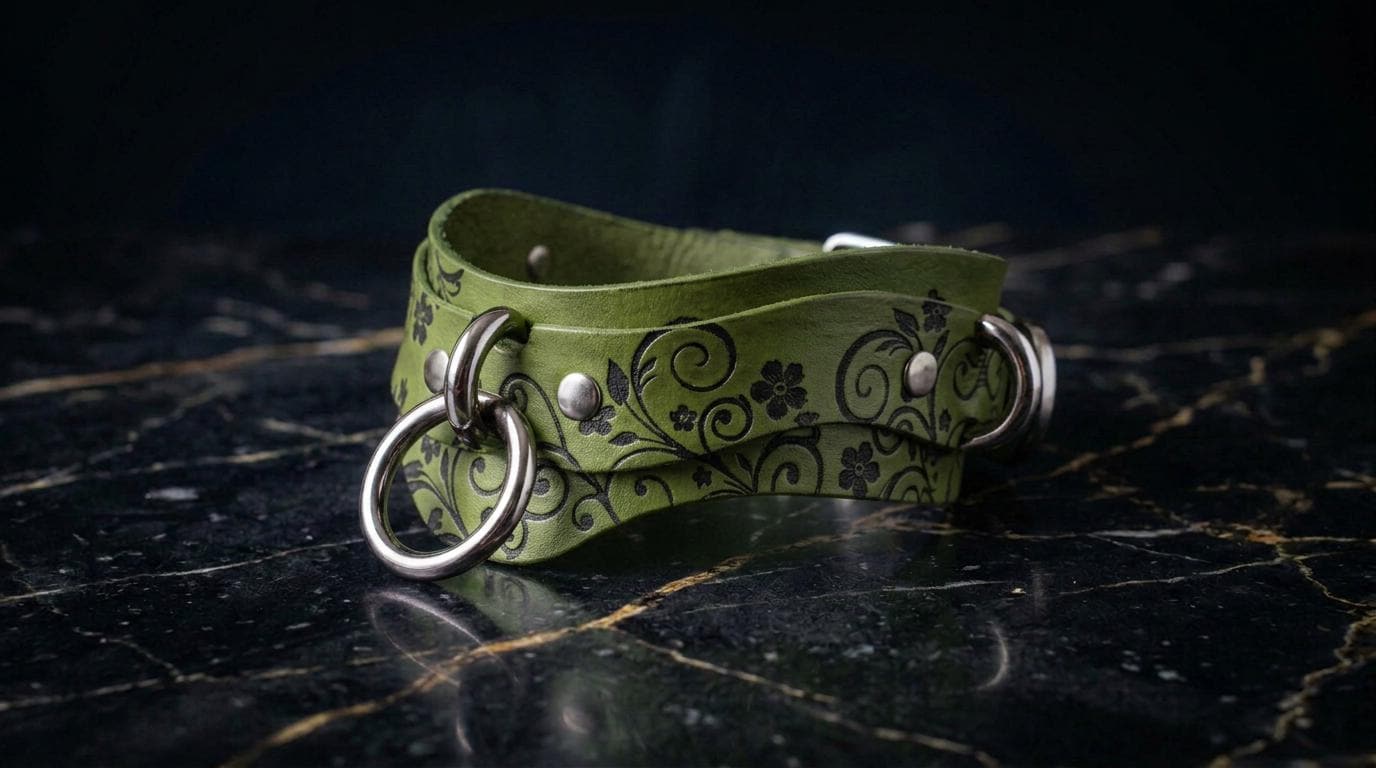 A green leather strap with a floral pattern and metal rings is displayed on a black marble surface.