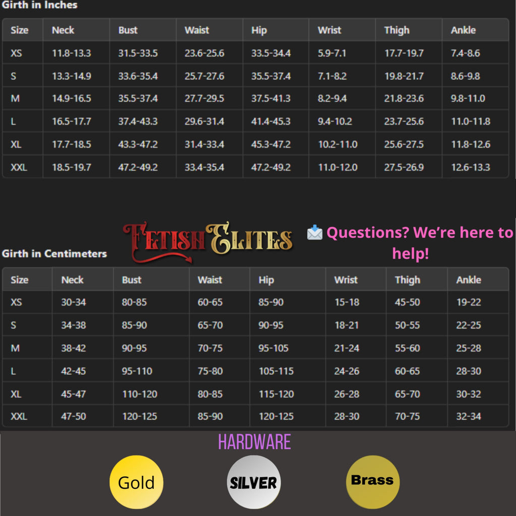 The image is a detailed size chart for a clothing brand, providing measurements for various sizes such as XS, S, M, L, and XL. The chart includes labels for the bust, waist, hip, wrist, thigh, and ankle measurements, as well as the corresponding girth in inches. The chart also includes a section titled "Girth in Centimeters" and a section titled "Hardware" with gold, silver, and brass colors.