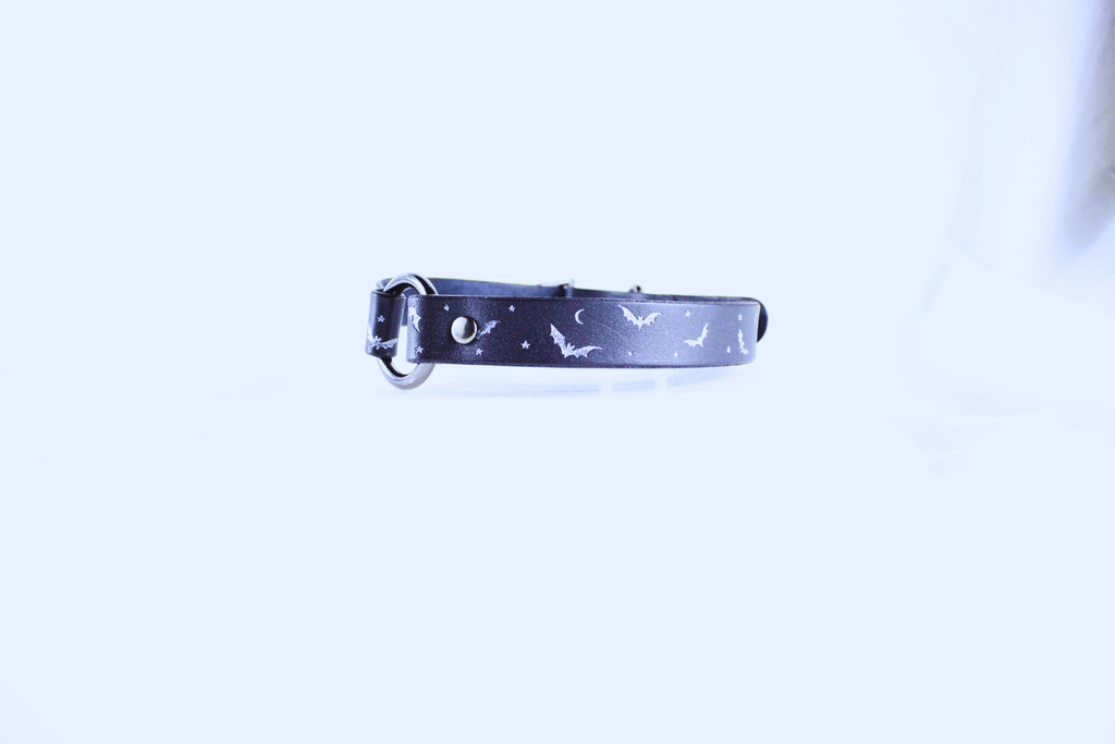 Bat and Moon Leather Choker showcasing bat and moon designs, perfect for gothic style.