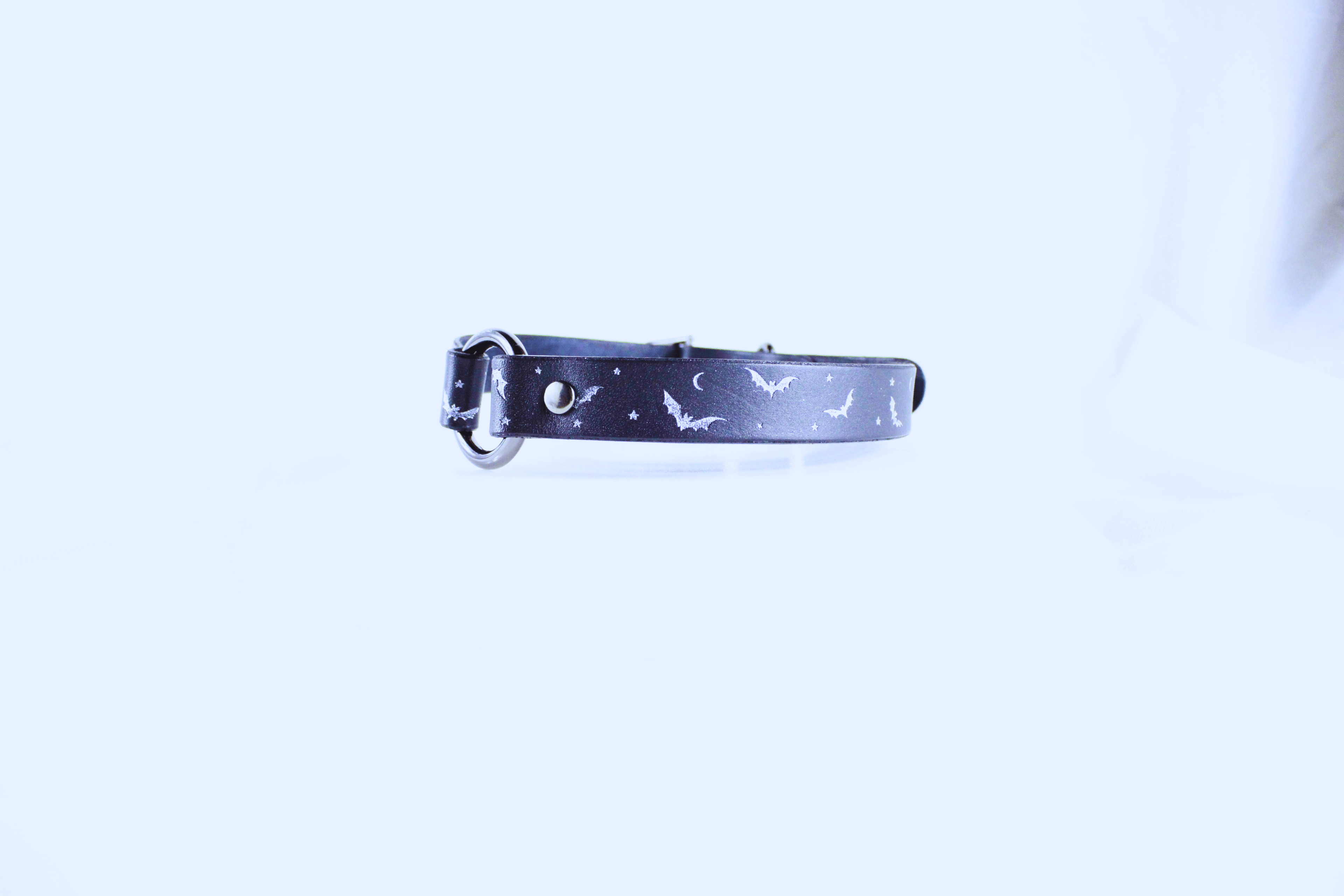 Bat and Moon Leather Choker showcasing bat and moon designs, perfect for gothic style.