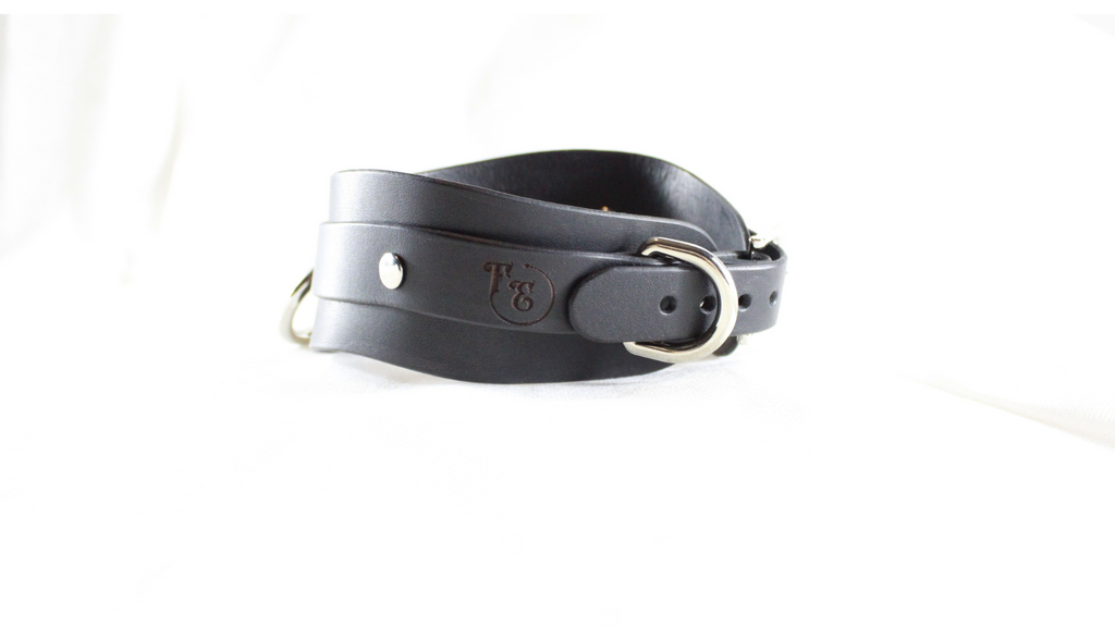 A black leather choker necklace with a metal buckle and two metal rings.