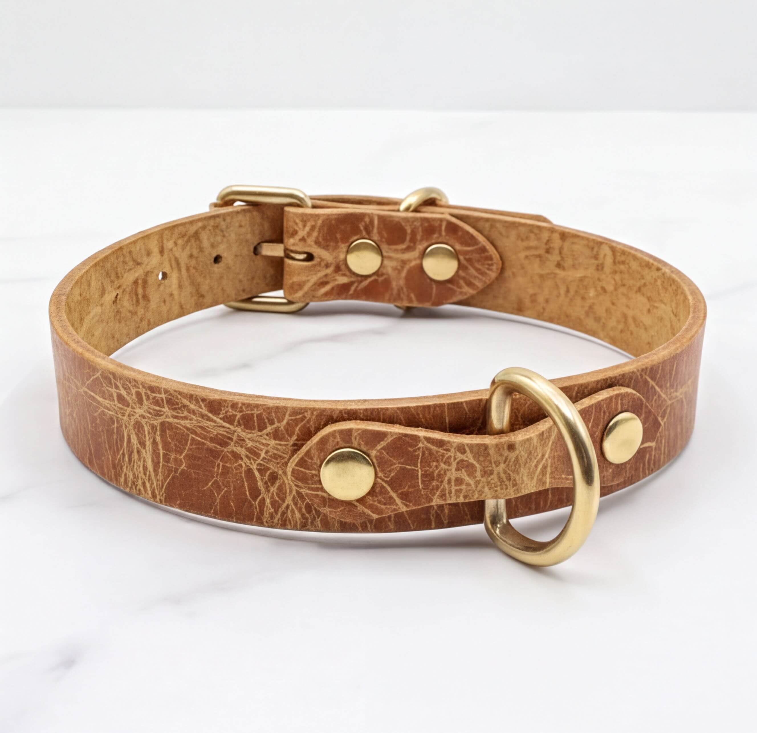 A tan leather dog collar with a brass buckle and two brass studs, resting on a white marble surface.