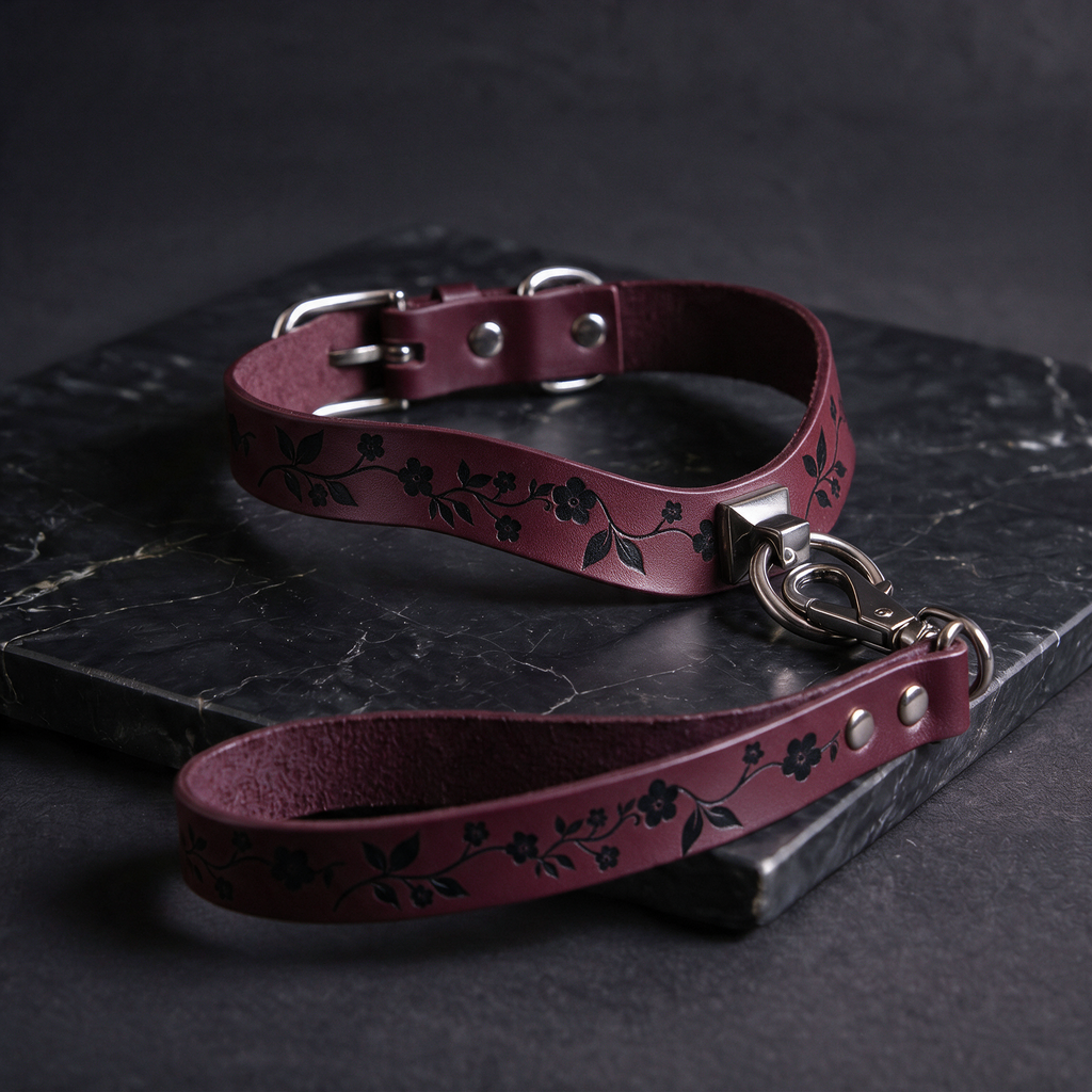 A burgundy leather collar with a floral pattern and a matching leash is displayed on a dark surface.