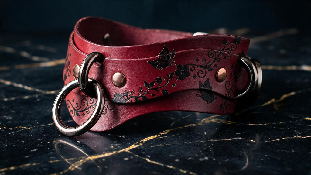 A burgundy leather choker necklace with a floral design and metal rings is displayed on a black marble surface.
