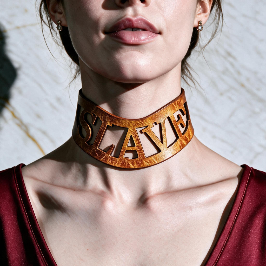 A close-up of a woman's neck and chest area, with a large, bold, and eye-catching necklace featuring the word "SLAVE" prominently displayed.