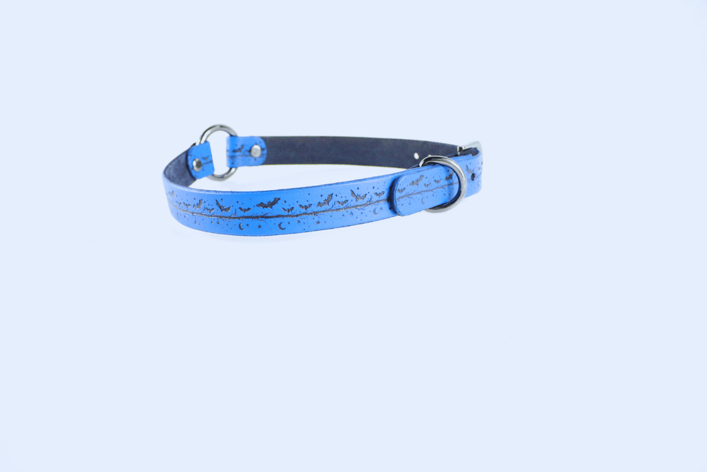 BDSM Collar Blue Moon & Bats Leather Choker showcasing blue leather with crescent moons and bats design.