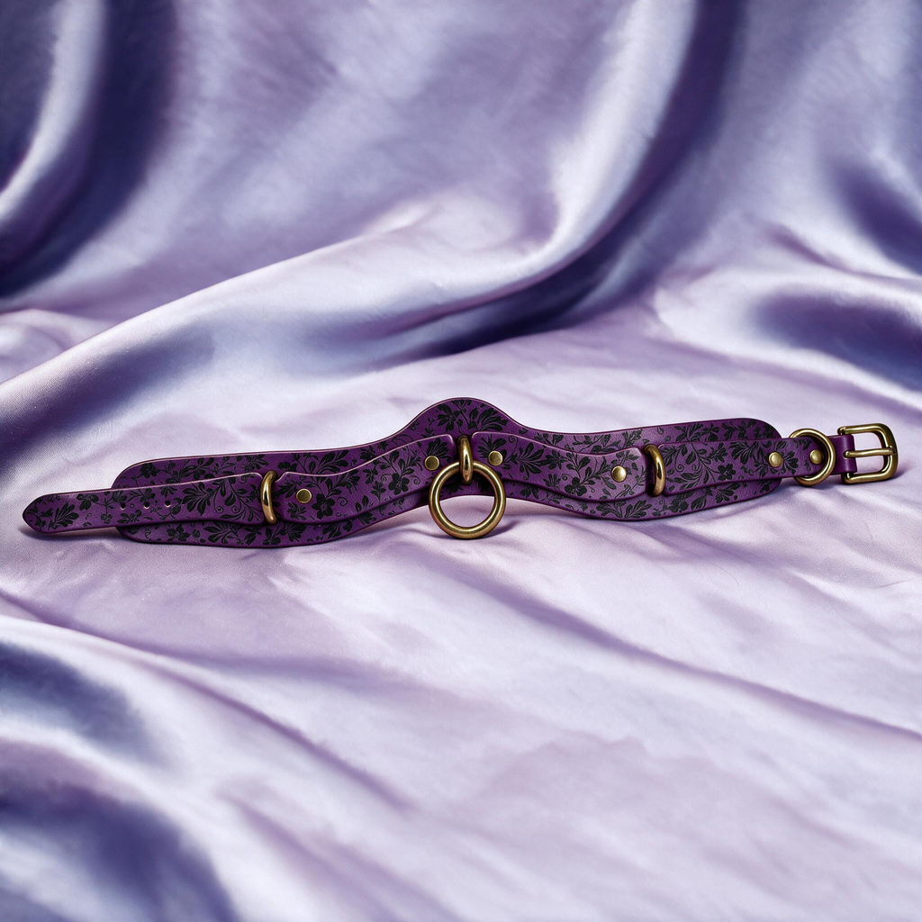 A purple leather choker necklace with gold-colored metal rings and buckles is displayed on a purple satin background.