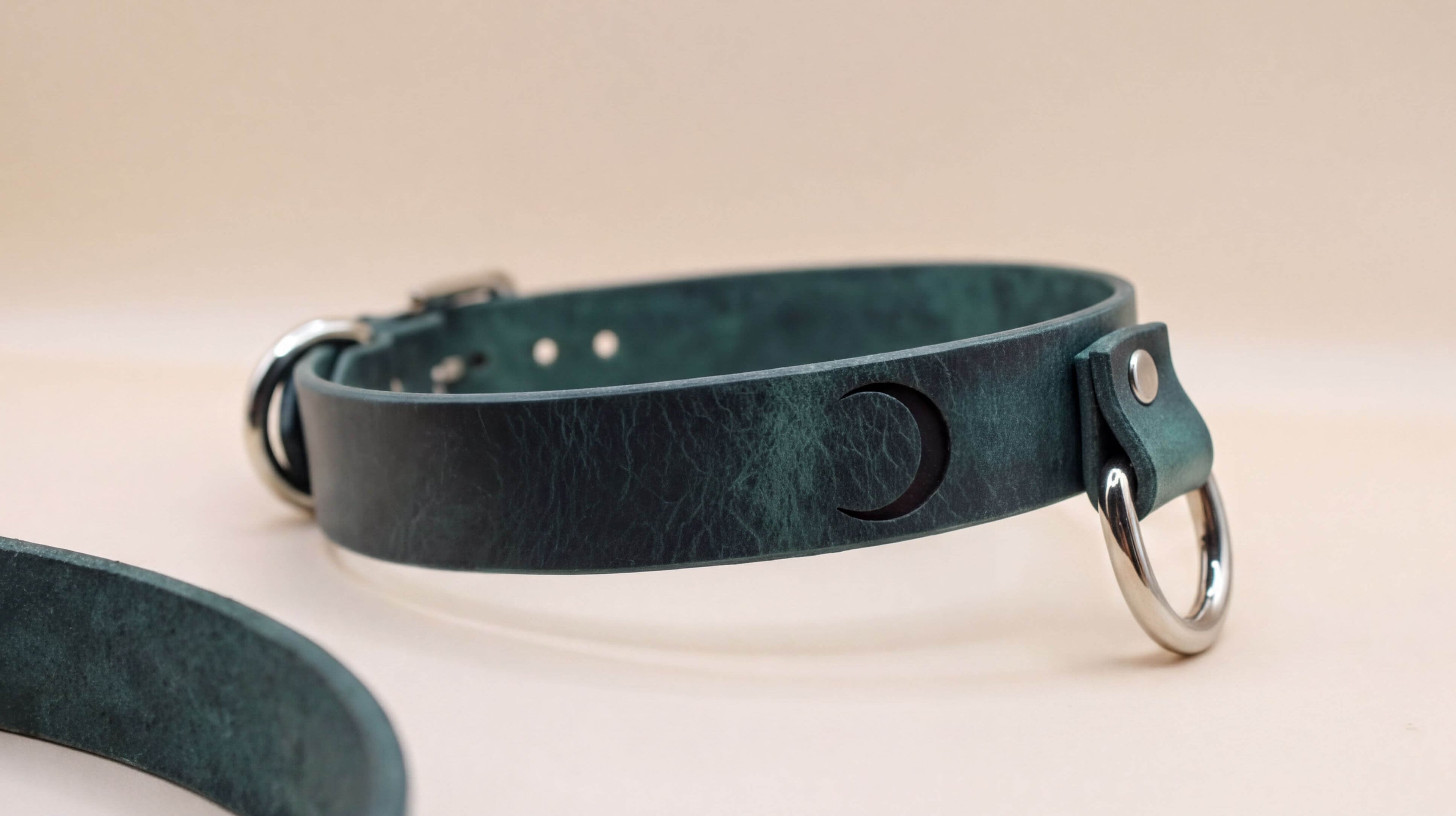 A dark green leather collar with a silver metal buckle and a small black crescent moon symbol.