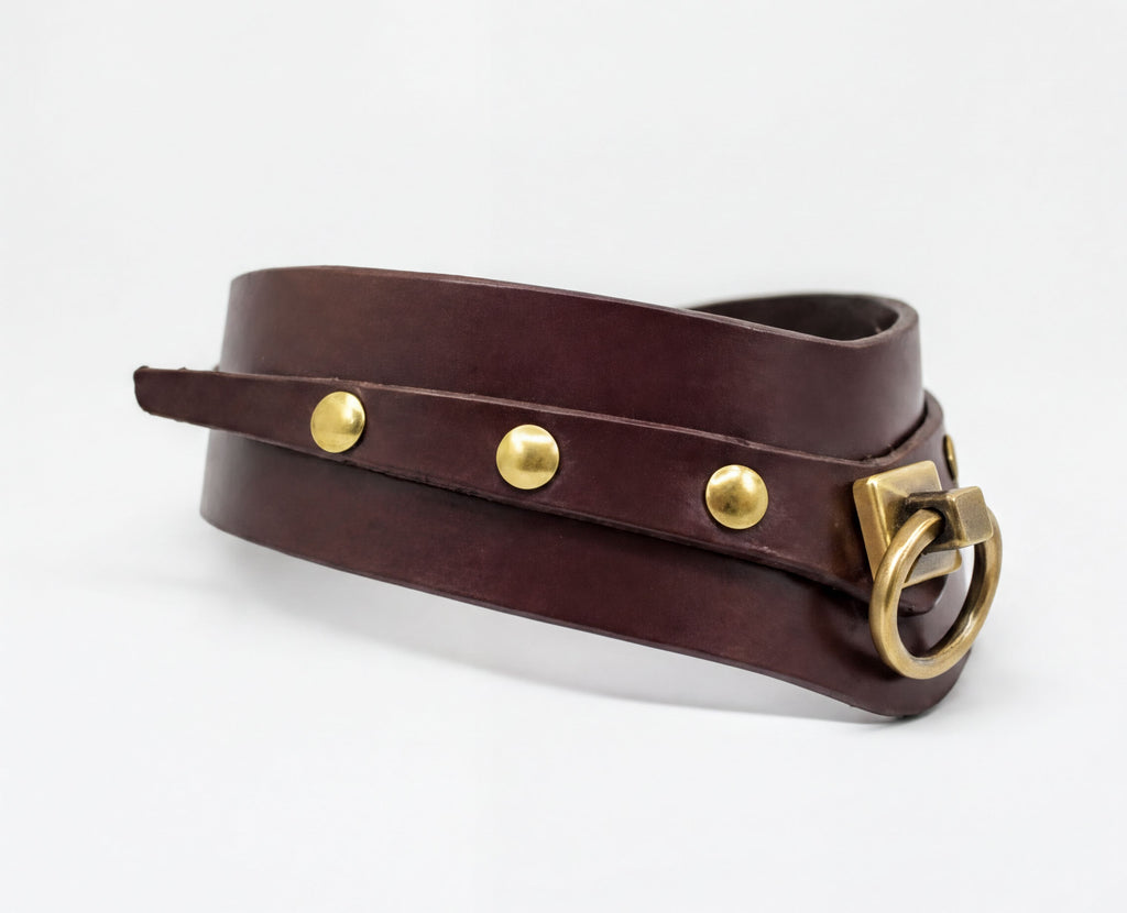 A brown leather choker collar with brass hardware, including three round buttons and a ring, is shown against a white background.