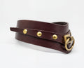 A brown leather choker collar with brass hardware, including three round buttons and a ring, is shown against a white background.