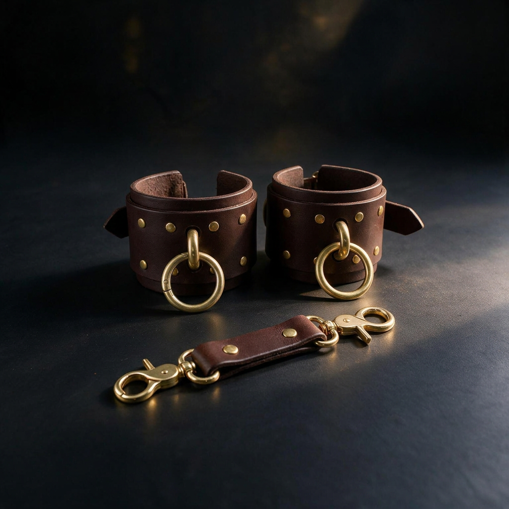 a pair of brown leather cuffs with gold-colored metal rings and a leather strap with gold-colored metal rings, all placed on a dark surface.