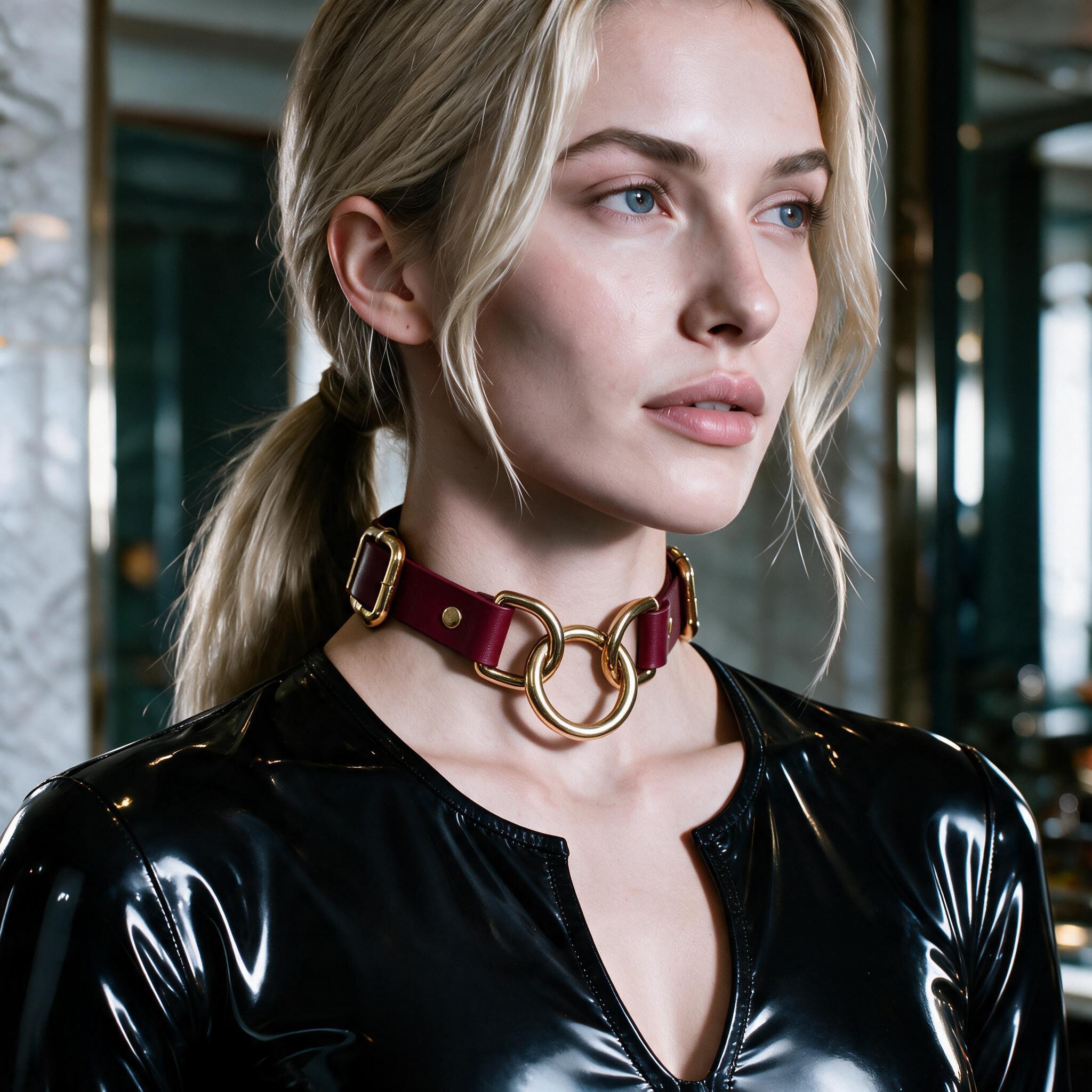 A woman with blonde hair wearing a black leather outfit and a large, ornate collar with gold rings.