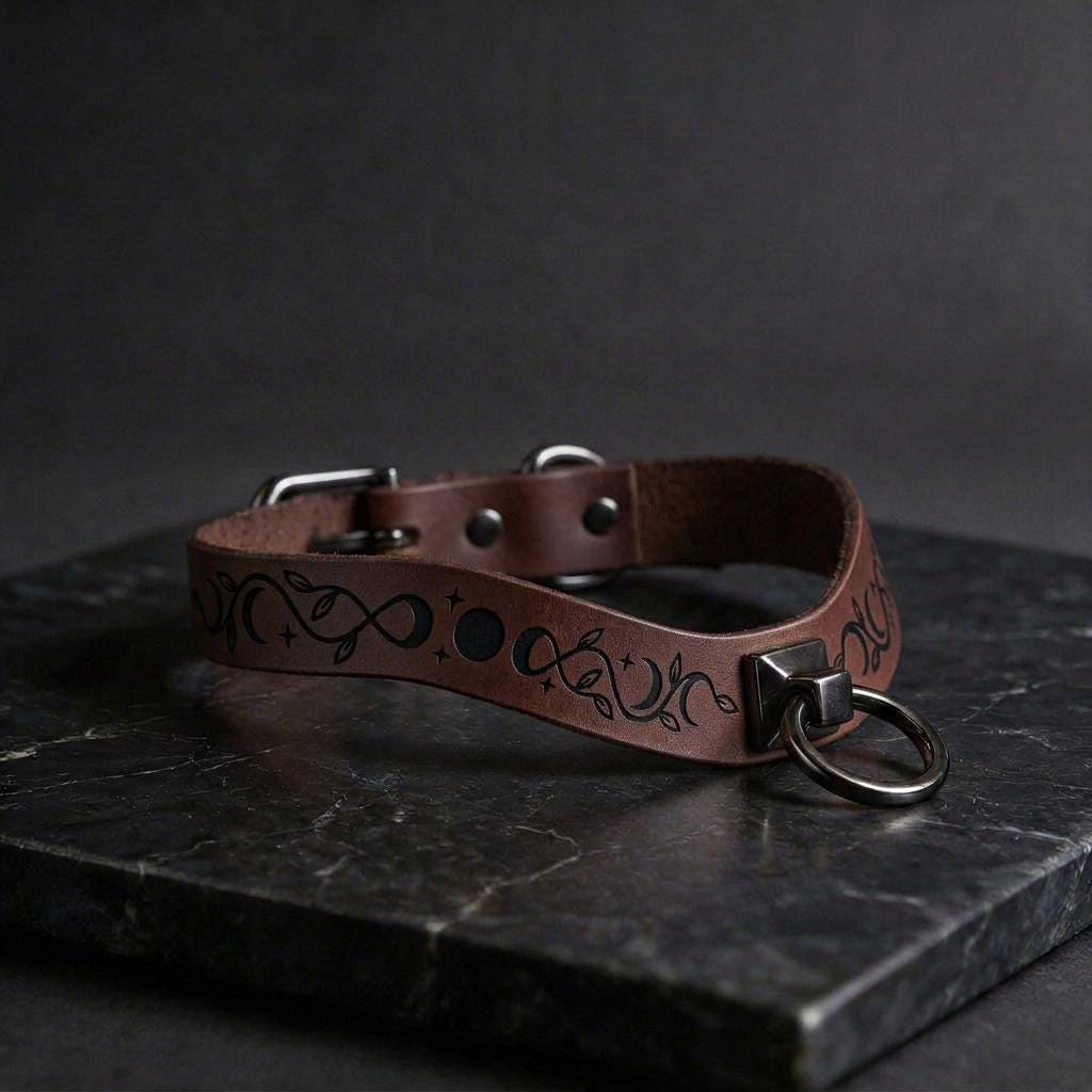 A brown leather collar with a metal ring and decorative elements rests on a dark surface.