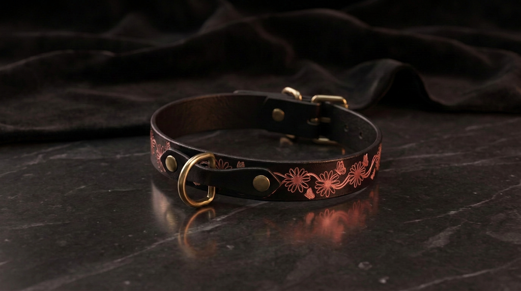 A black leather collar with a floral design and a gold-colored buckle is displayed on a dark surface.