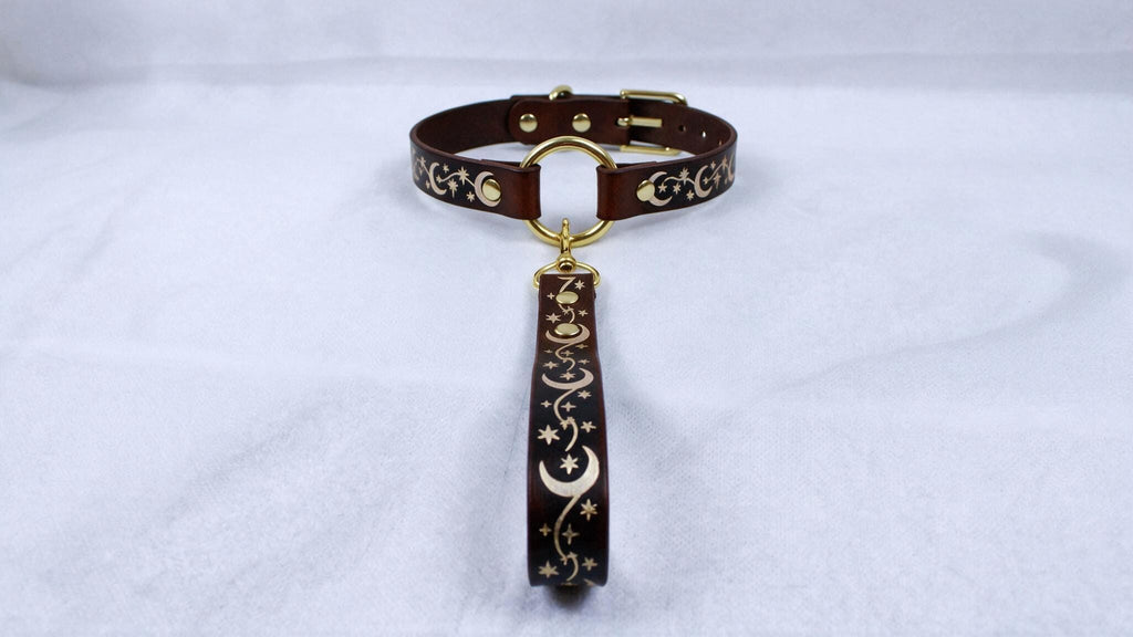 A brown leather collar with a gold-colored buckle and a decorative metal tag hanging from it, placed on a white surface.