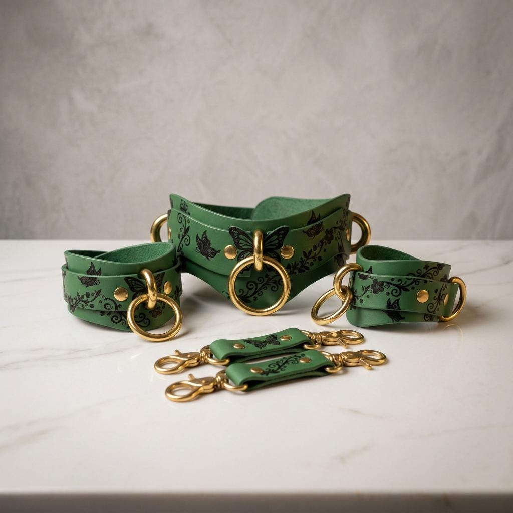 A set of green leather straps with gold hardware, including rings and buckles, arranged on a white marble surface.