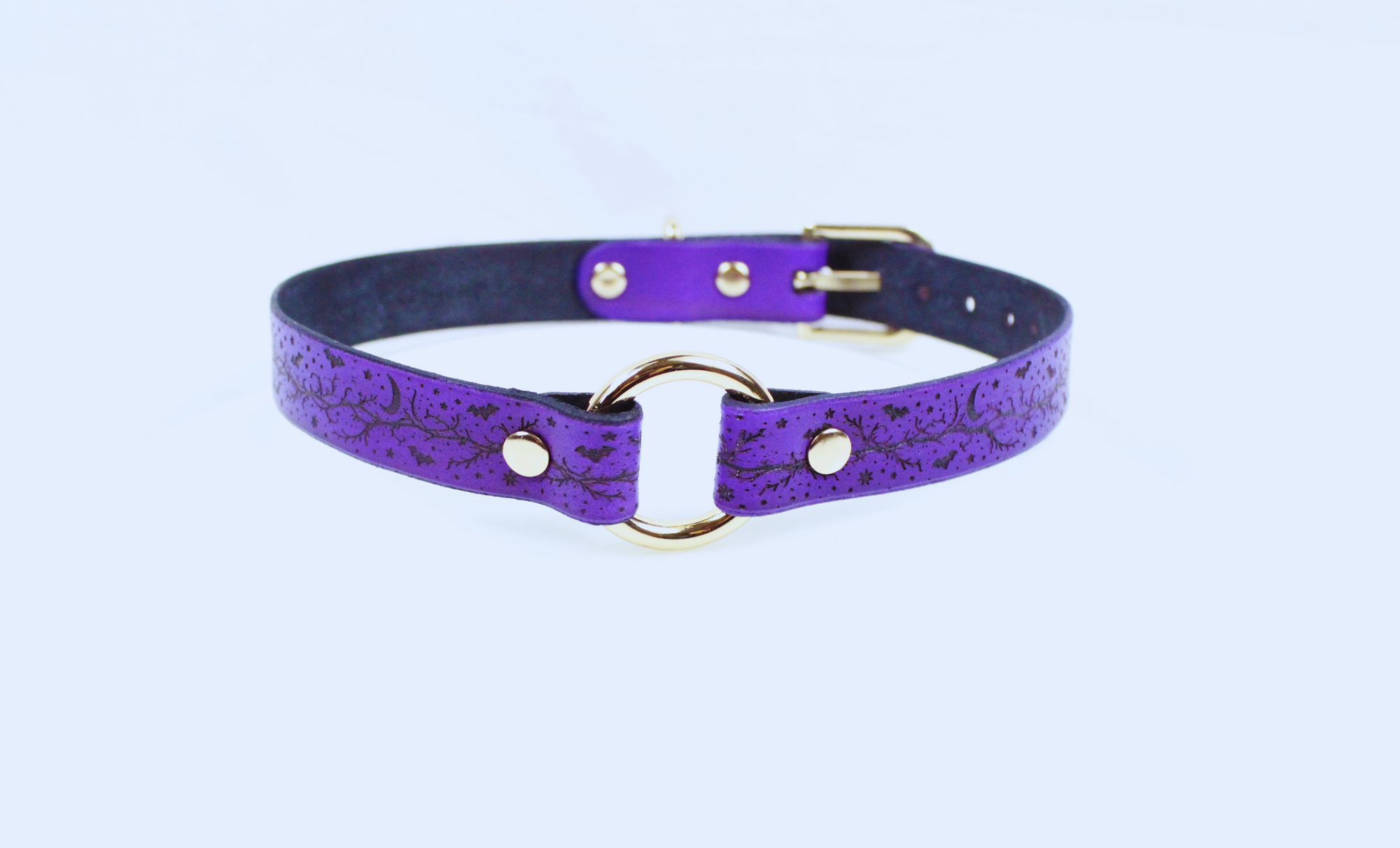 A purple leather choker collar with a gold-colored metal ring and buckle.