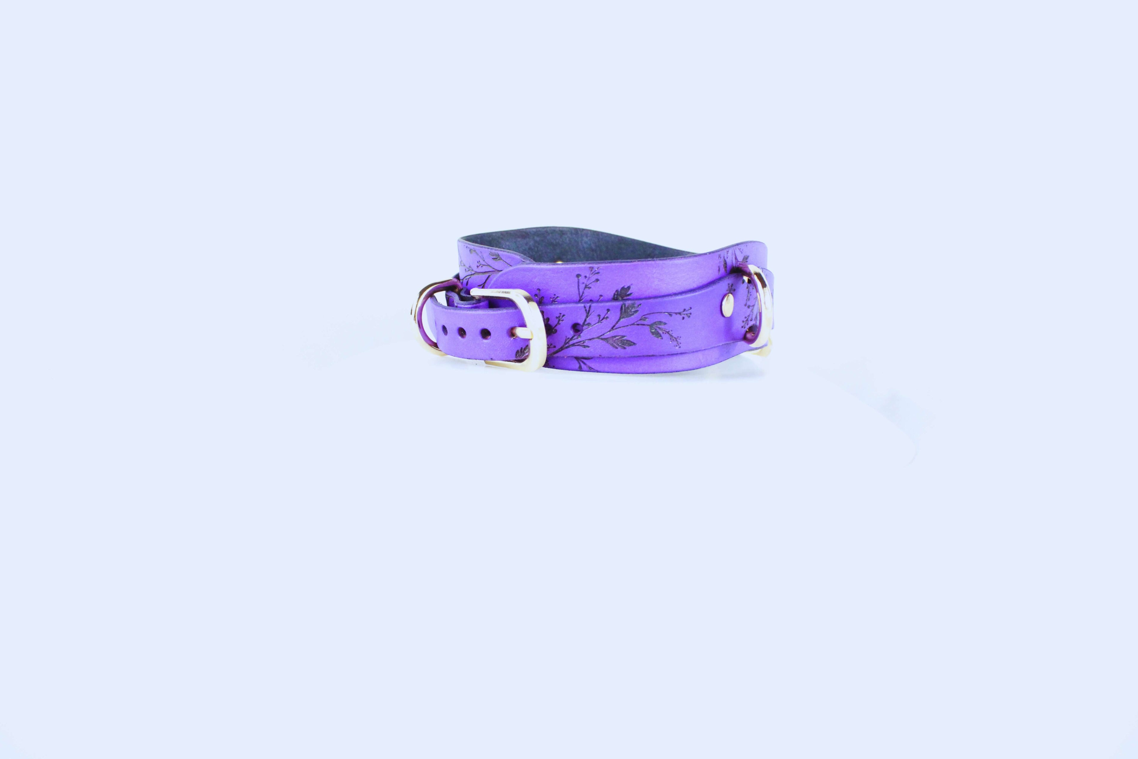 Purple Floral Submissive Collar with gold O-ring stylish BDSM choker for intimate wear.