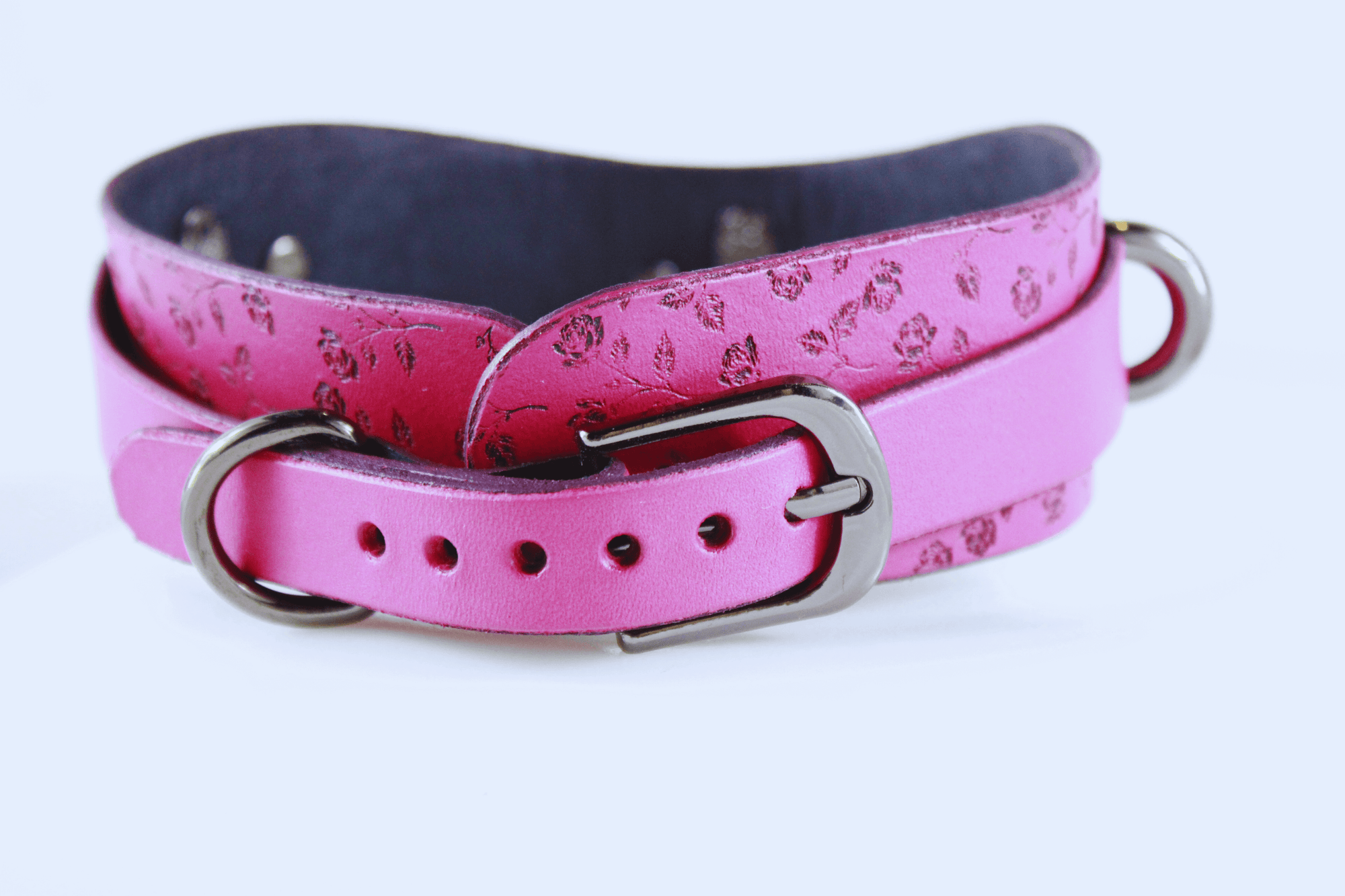 Rose Leather Submissive Collar in pink with floral design, perfect for discreet day wear and sub jewelry.