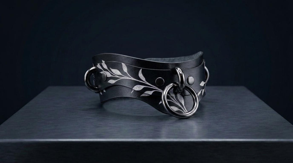 A black leather choker necklace with silver leaf-like designs and metal rings is displayed on a dark surface.