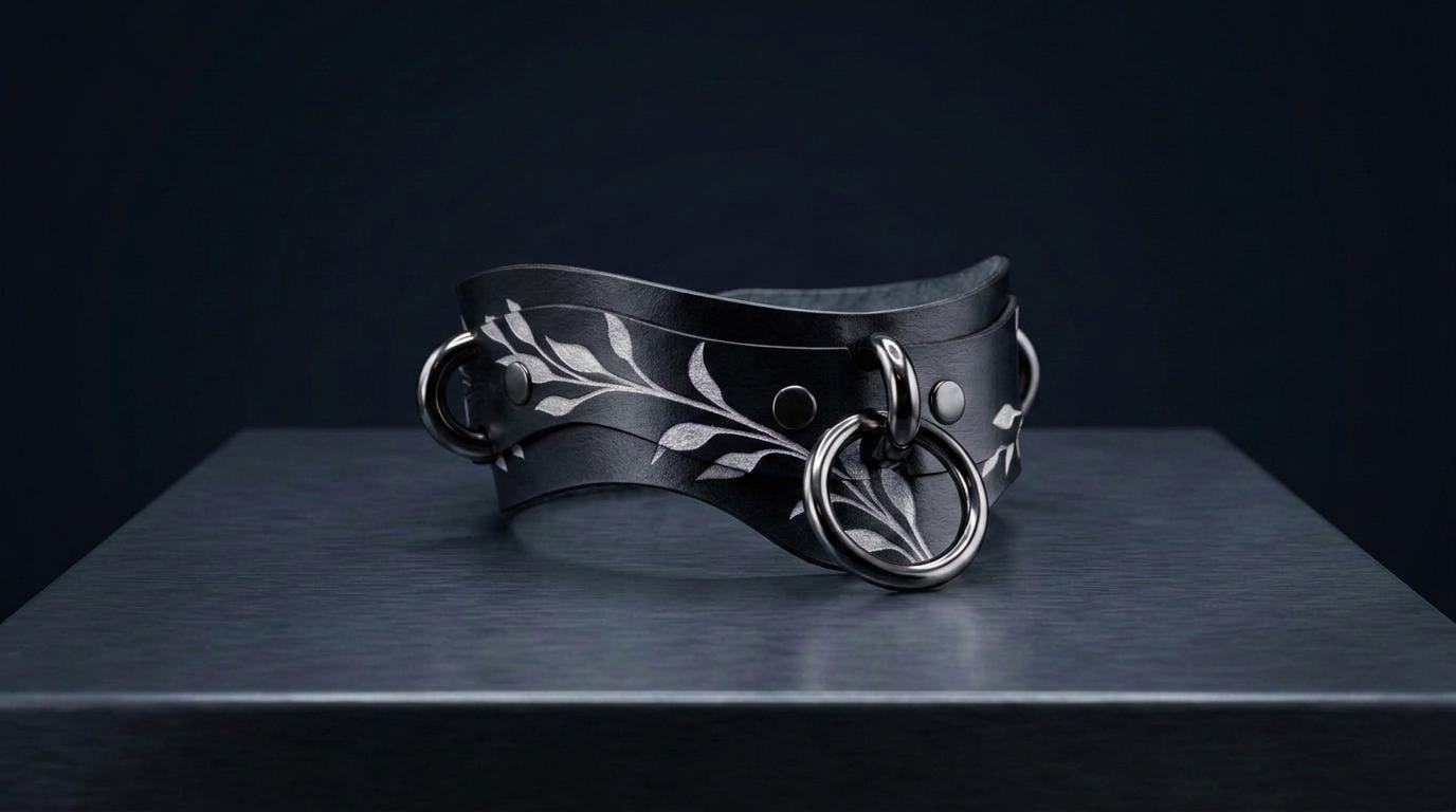 A black leather choker necklace with silver leaf-like designs and metal rings is displayed on a dark surface.