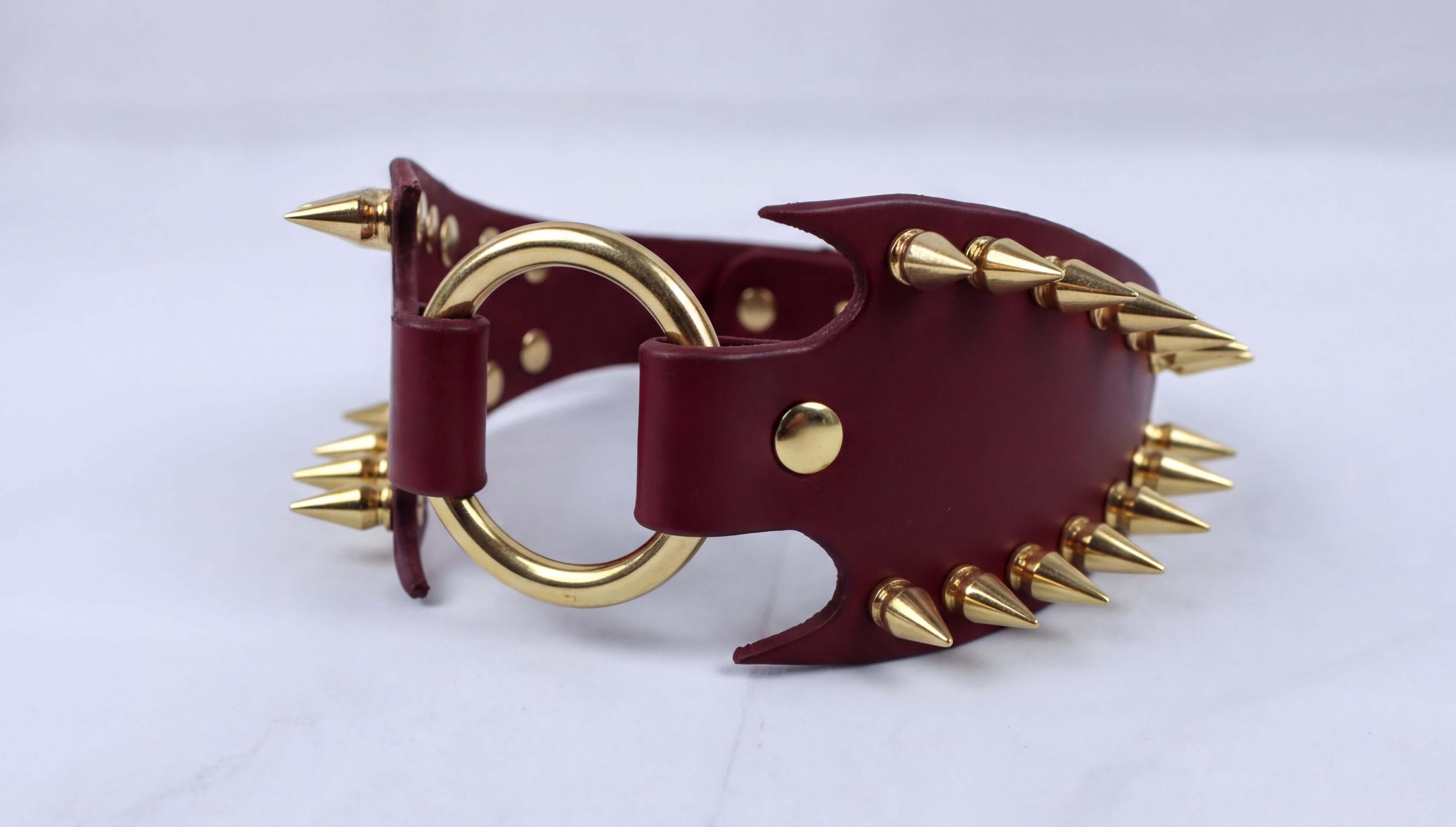 A burgundy leather collar with gold spikes protruding from it.