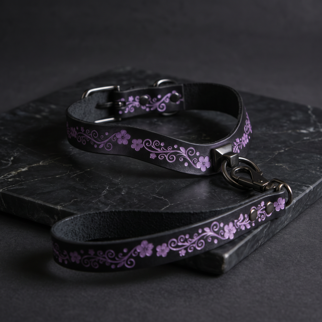 A black leather collar with a floral pattern and a matching leash are displayed on a dark surface.