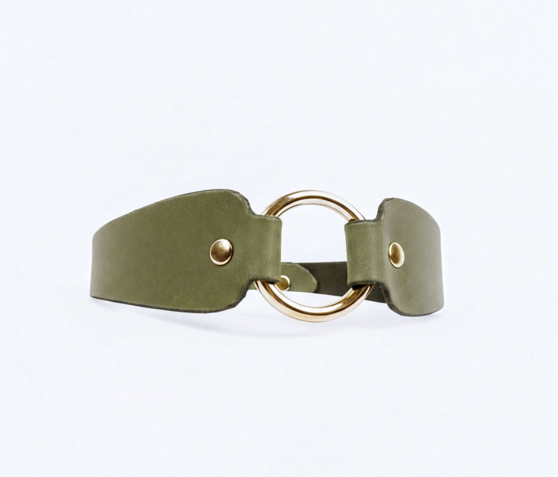 A green leather choker necklace with a gold-colored circular buckle.