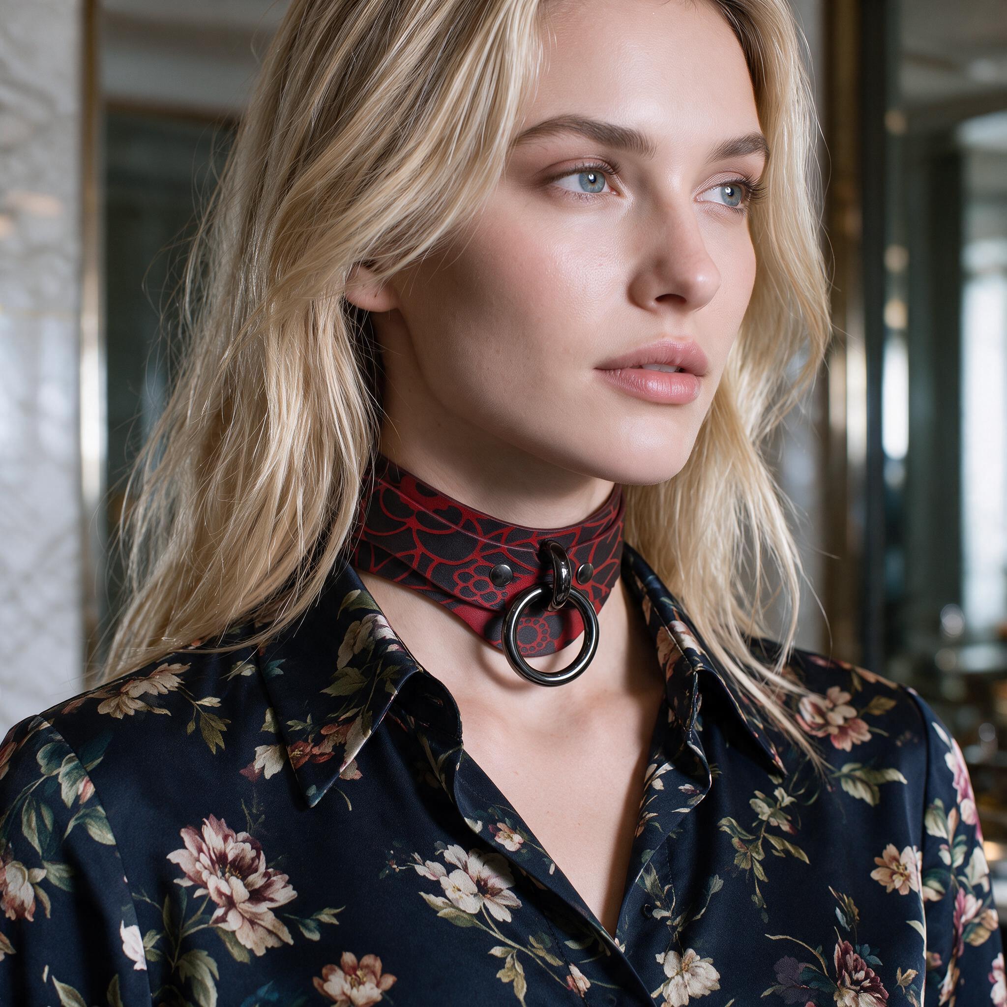 A woman with blonde hair wearing a red and black choker necklace and a floral print blouse, looking off to the side.