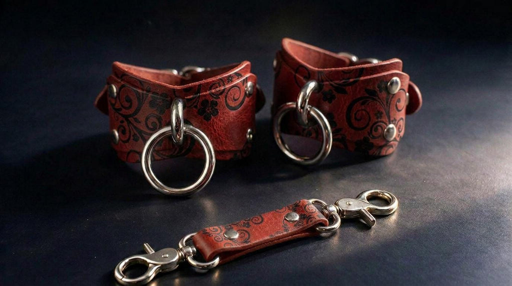 a pair of red leather cuffs with metal rings and a matching clasp, arranged on a dark surface.