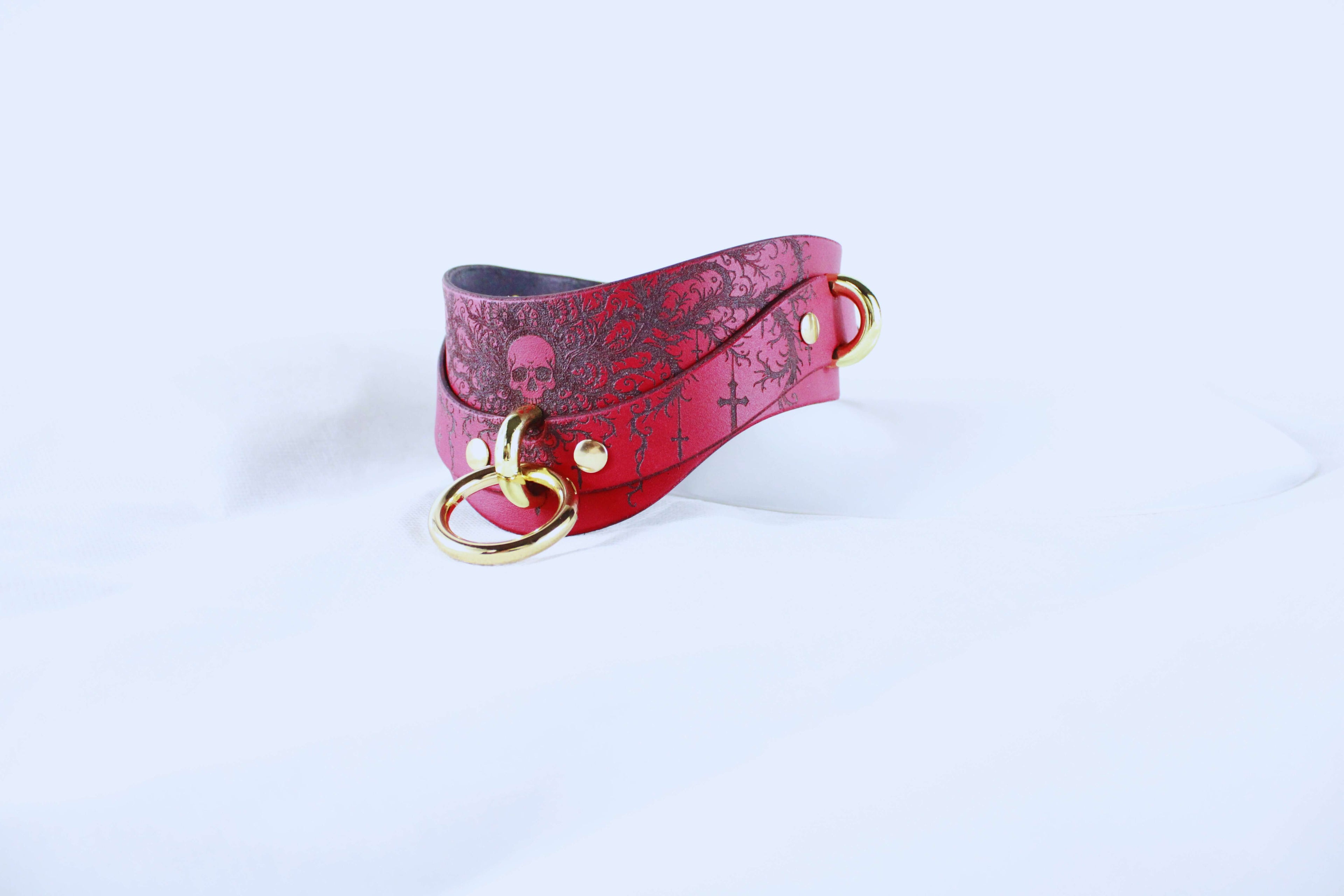 Gothic Skull Posture Collar – BDSM Leather Choker with skull design and gold hardware, crafted from crimson leather.