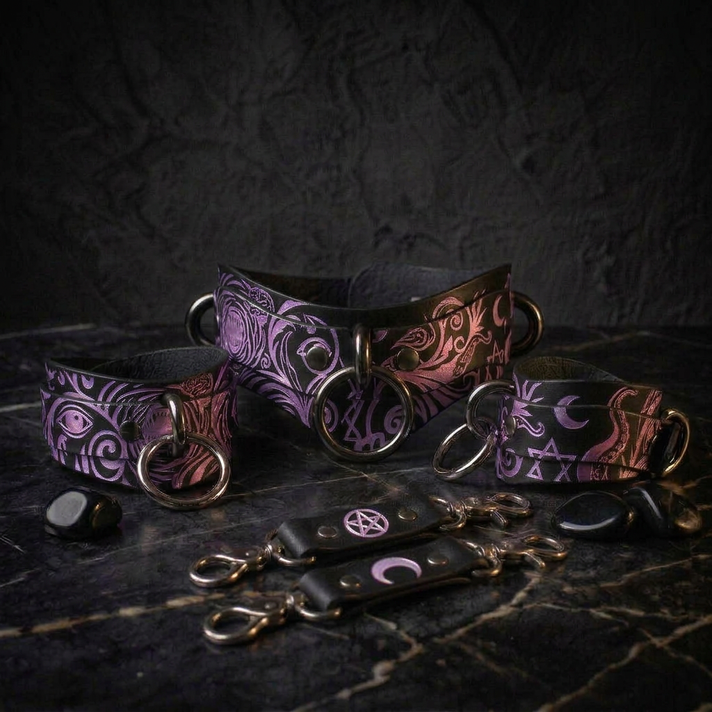 a collection of leather accessories, including collars, cuffs, and straps, with intricate designs and patterns in shades of purple and pink.
