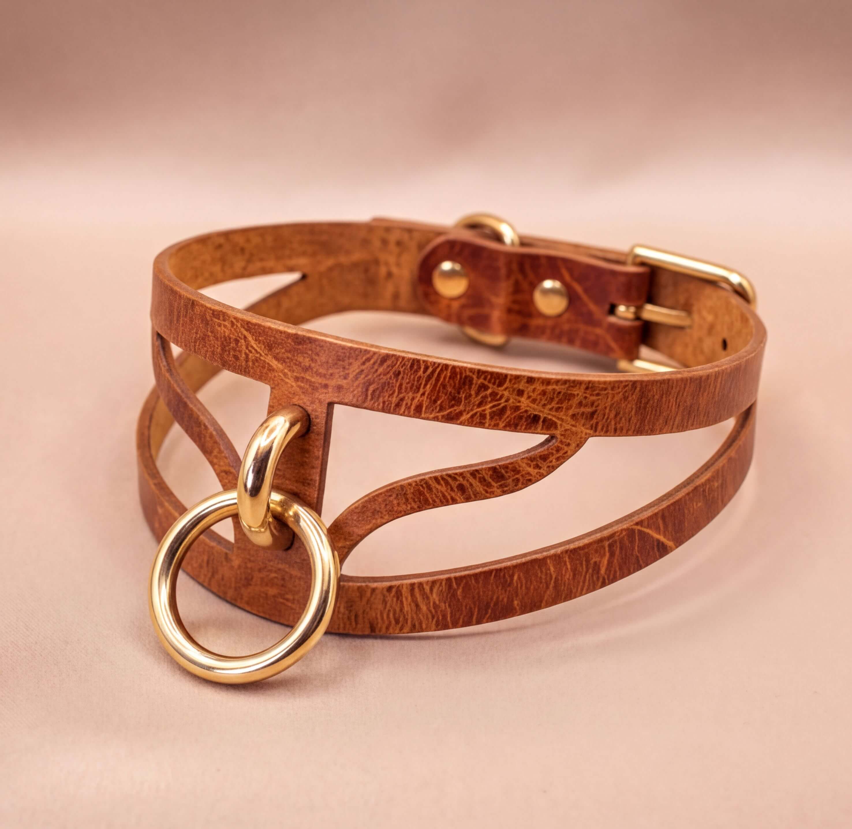 A brown leather choker collar with a gold-colored metal ring and buckle.