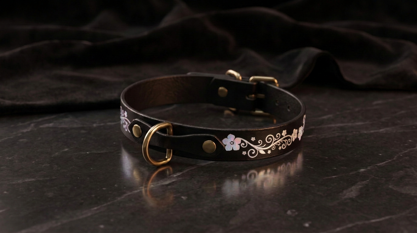 A black leather collar with a gold-colored buckle and floral design on a dark background.