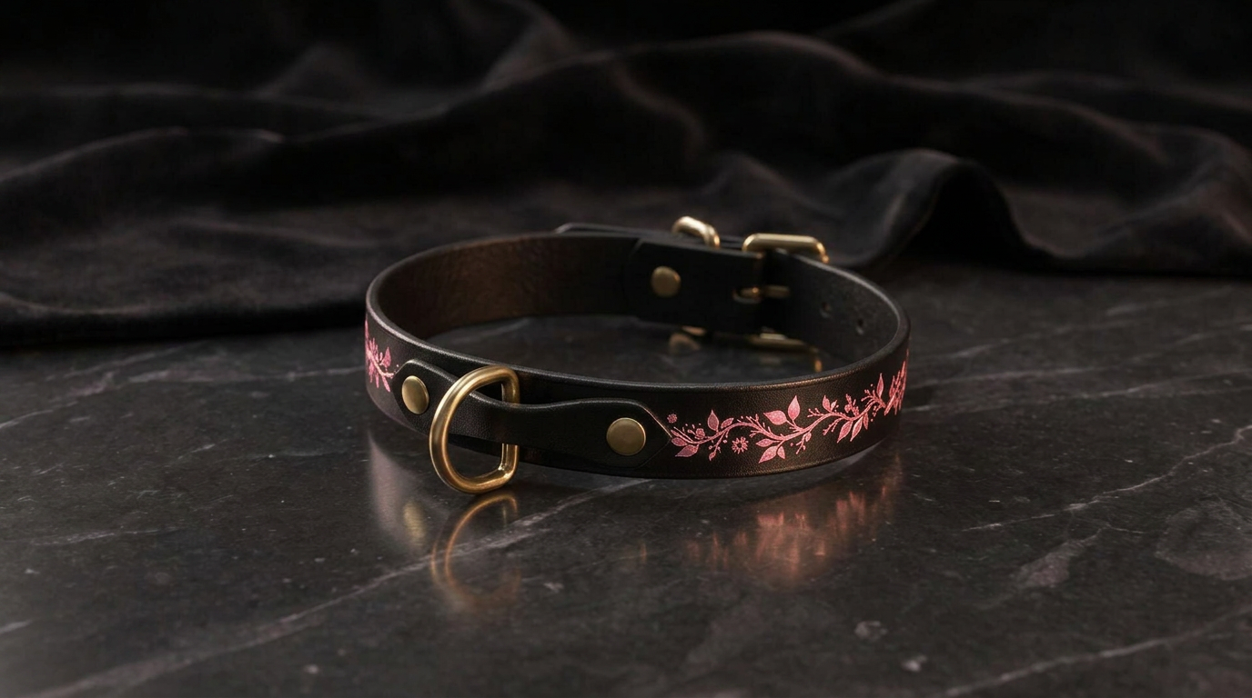 A black leather collar with a pink floral design on it, resting on a dark surface.