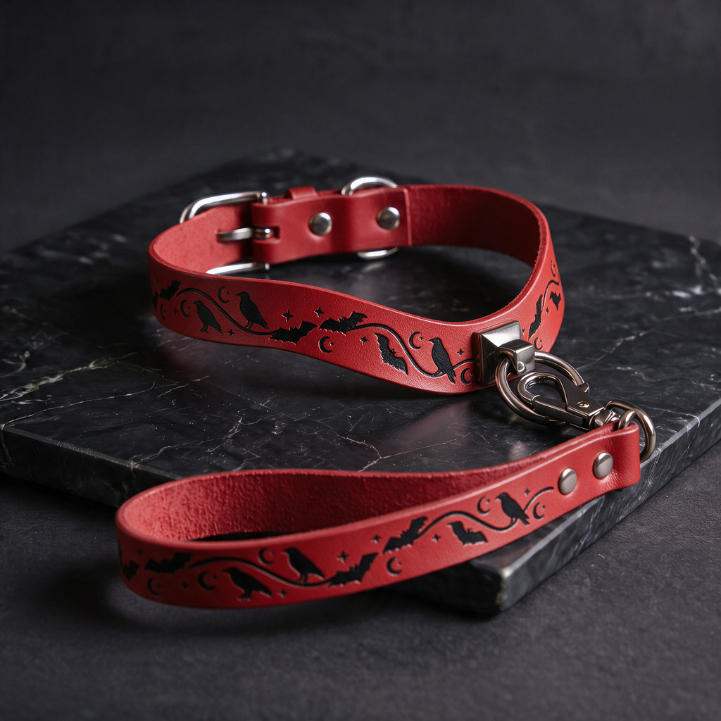 A red leather dog collar with a black bat and bird design, and a matching red leash, resting on a black marble surface.