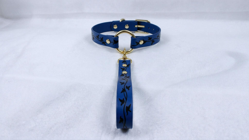 A blue collar with a gold-colored buckle and a black floral pattern on the strap is displayed against a white background.