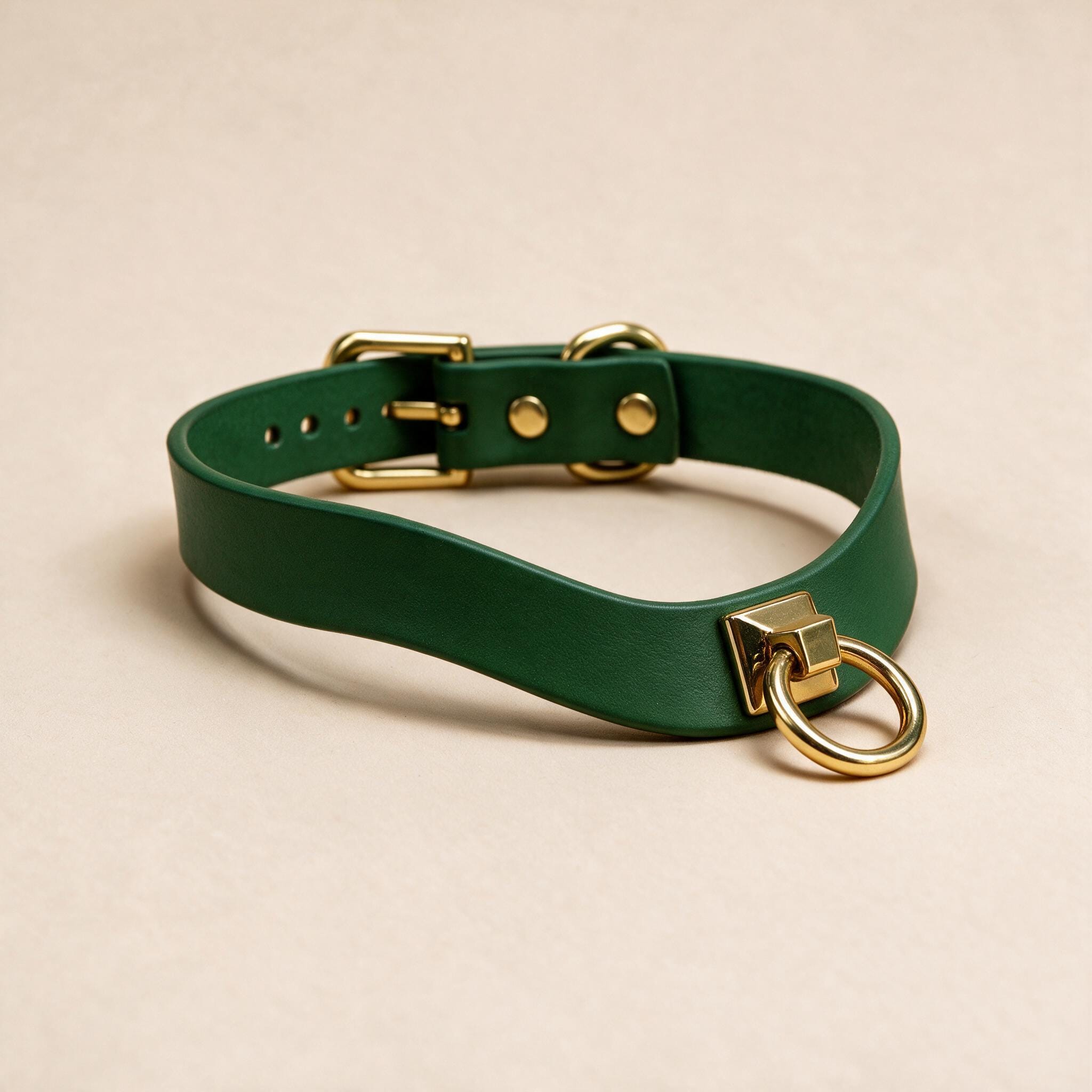 A green leather choker necklace with a gold-colored metal ring and buckle.
