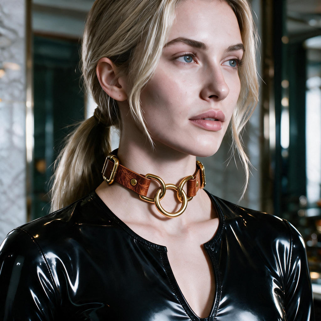 A woman with blonde hair wearing a black leather outfit and a large gold-colored choker necklace.