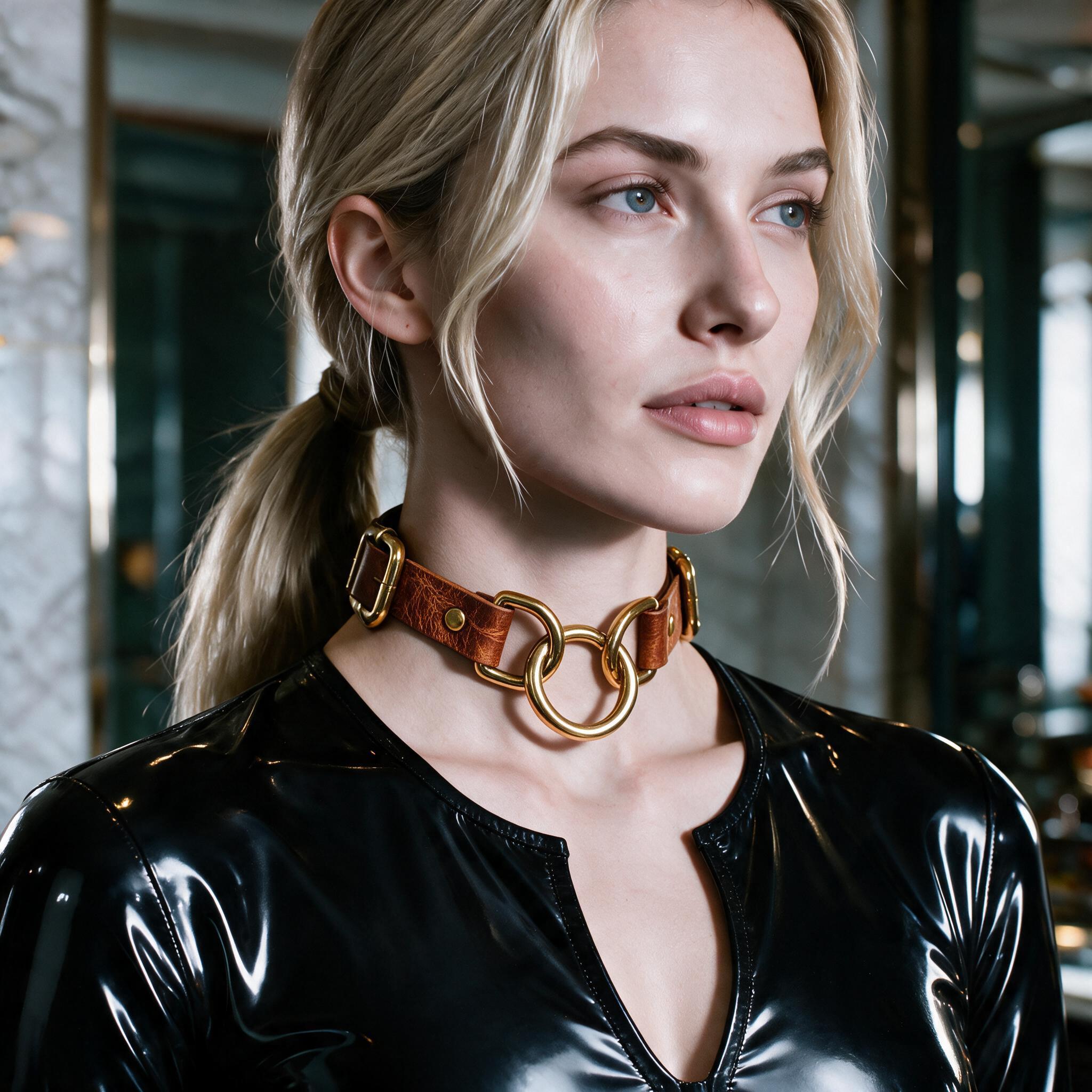 A woman with blonde hair wearing a black leather outfit and a large gold-colored choker necklace.