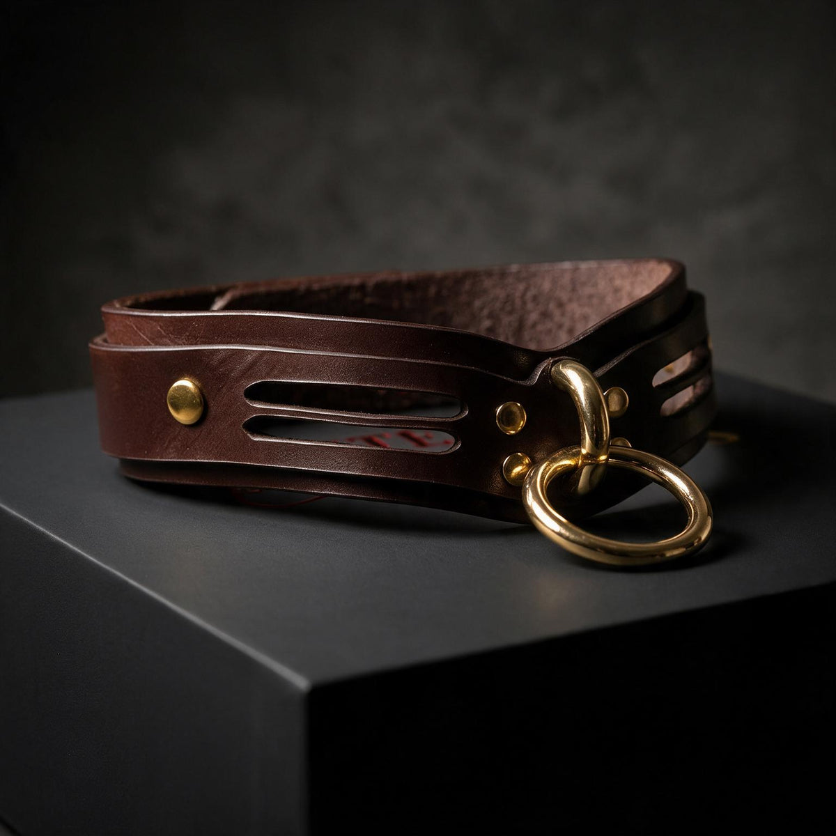 A brown leather choker necklace with a gold-colored metal ring and a gold-colored metal buckle is displayed on a black surface.