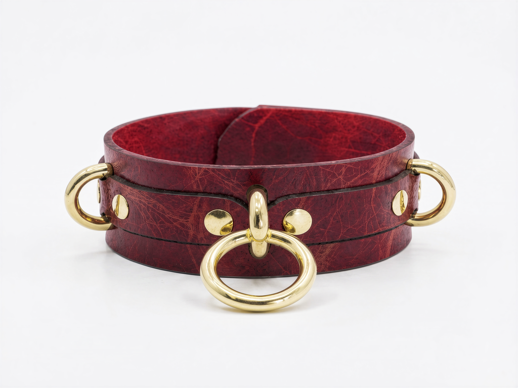 A red leather choker necklace with gold metal rings and a buckle.