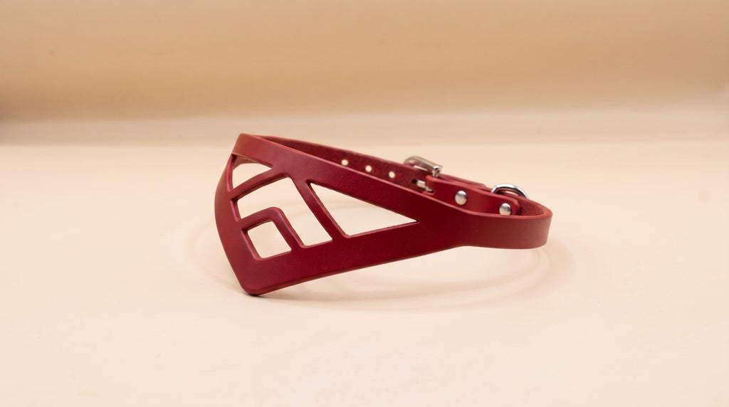 A red leather collar with a geometric cutout design.
