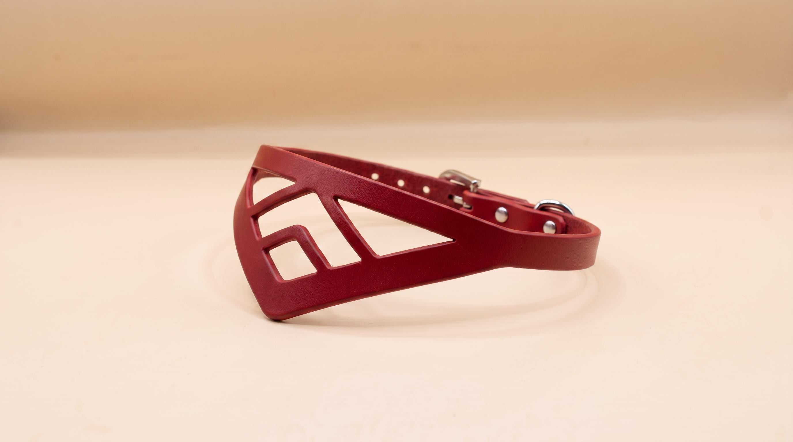 A red leather collar with a geometric cutout design.