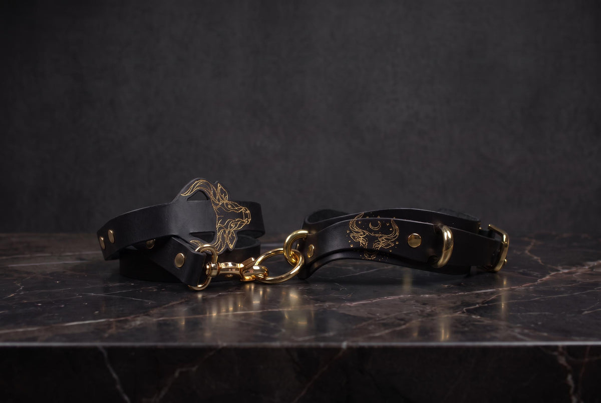 A black leather leash with gold accents and a gold-colored buckle is displayed on a dark marble surface.