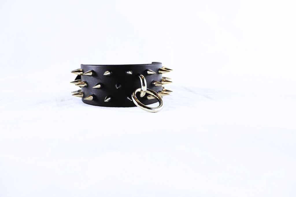 Dominion Leather Collar – Spiked BDSM Posture Collar Choker with polished spikes and a metallic ring.