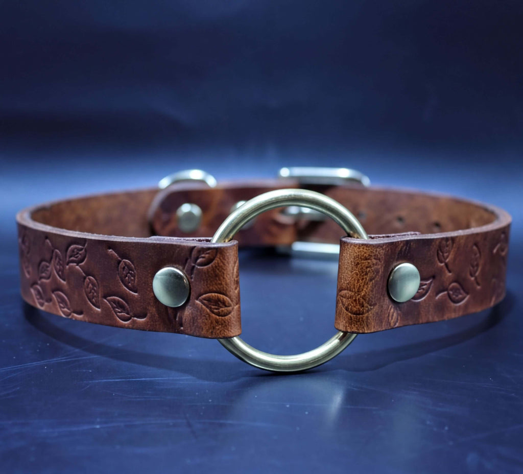 A brown leather collar with a round metal buckle and leaf embossed pattern.
